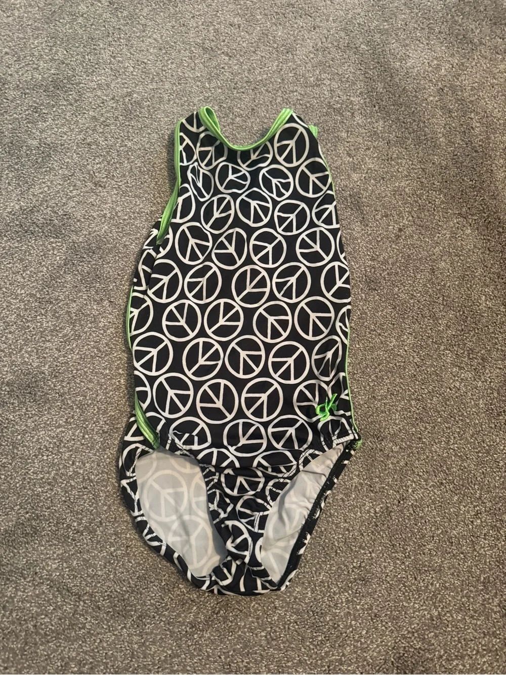 GK Elite Black Peace Sign Lime Trim Gymnastics Leotard Sz AXS